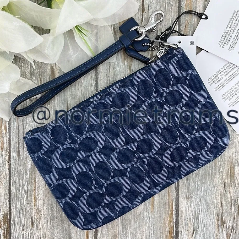Coach Large Denim Blue Wristlet in Denim Signature Canvas Walker Bag Purse
